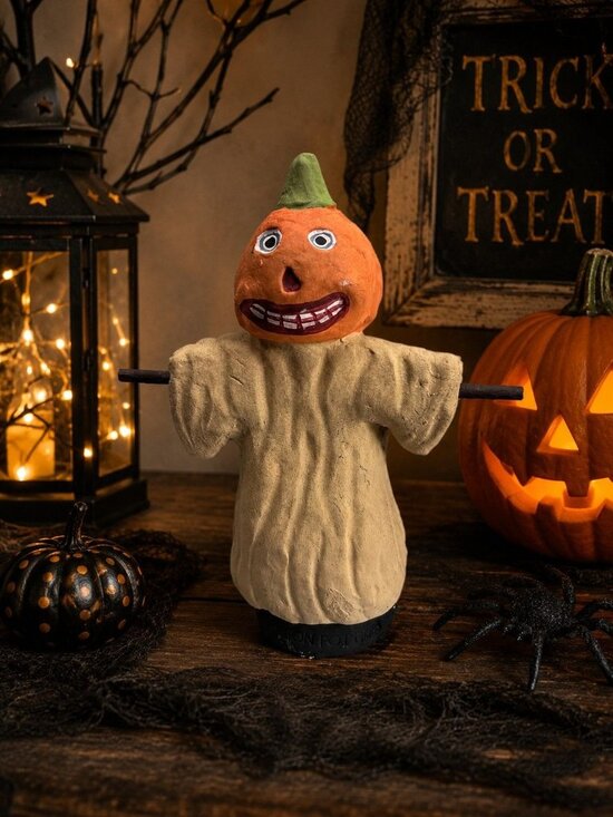 Bethany Lowe Other - Jackson Pottery Pumpkin Scarecrow Folk Art Halloween Figure Signed 2018 OOAK 7.5